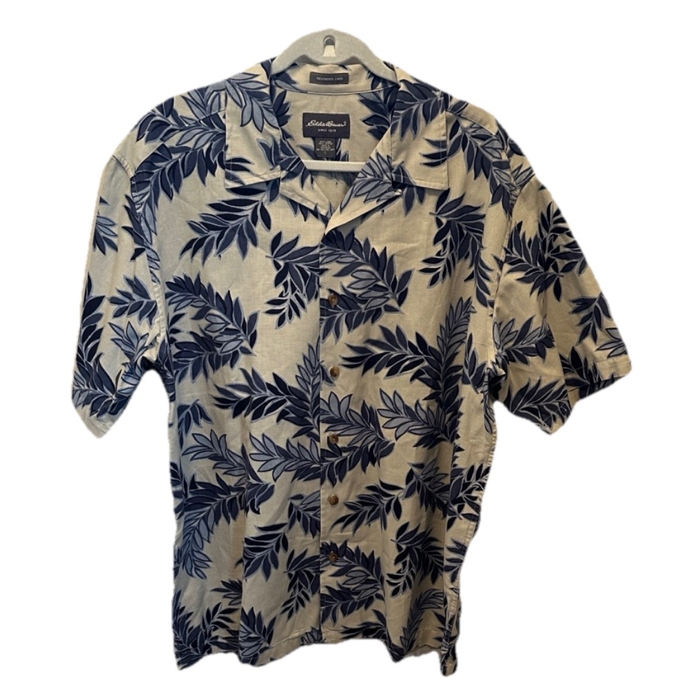 Eddie Bauer Men's LINEN Button Up Shirt Large Tropical Floral Summer Beach Top